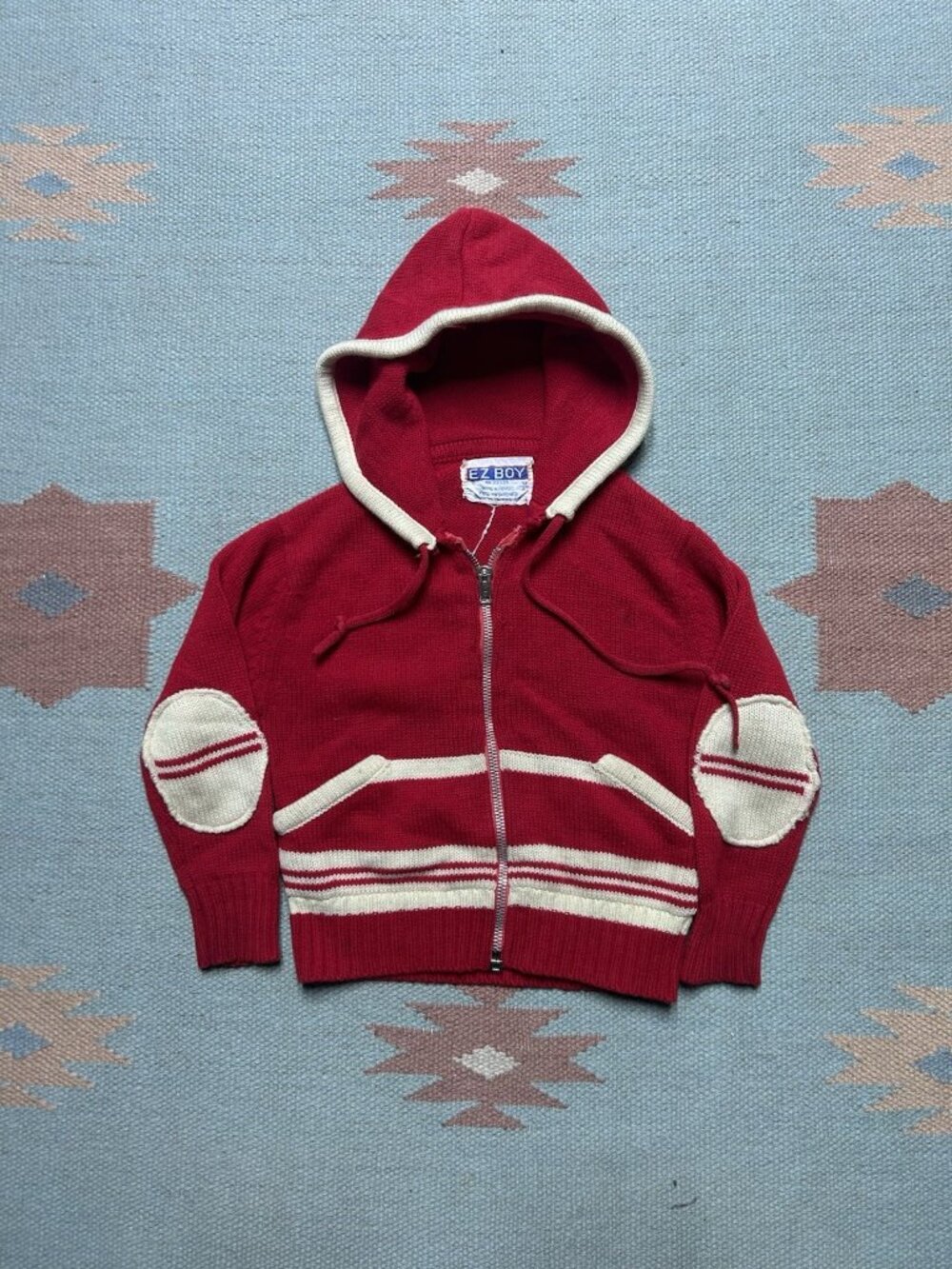 Vintage 70s acrylic knit sweater hoodie zip red white striped kids toddler 3T